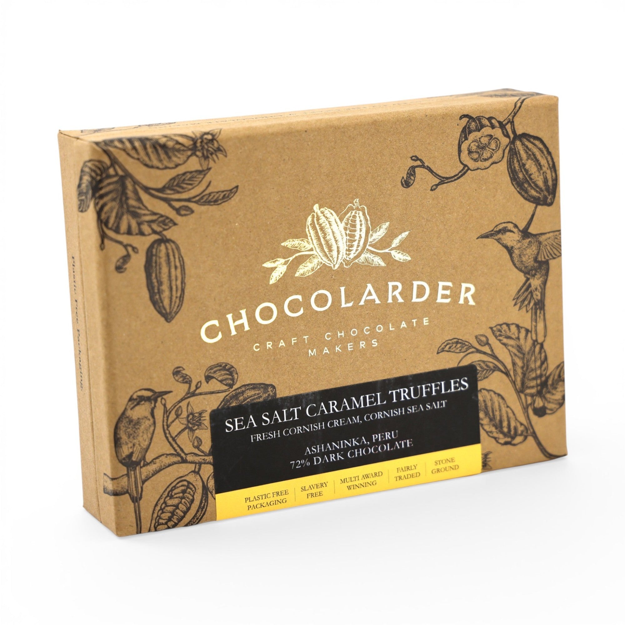 Made In England Sea Salt Caramel Truffles in 72% dark chocolate with fresh Cornish cream and sea salt, in plastic-free packaging.