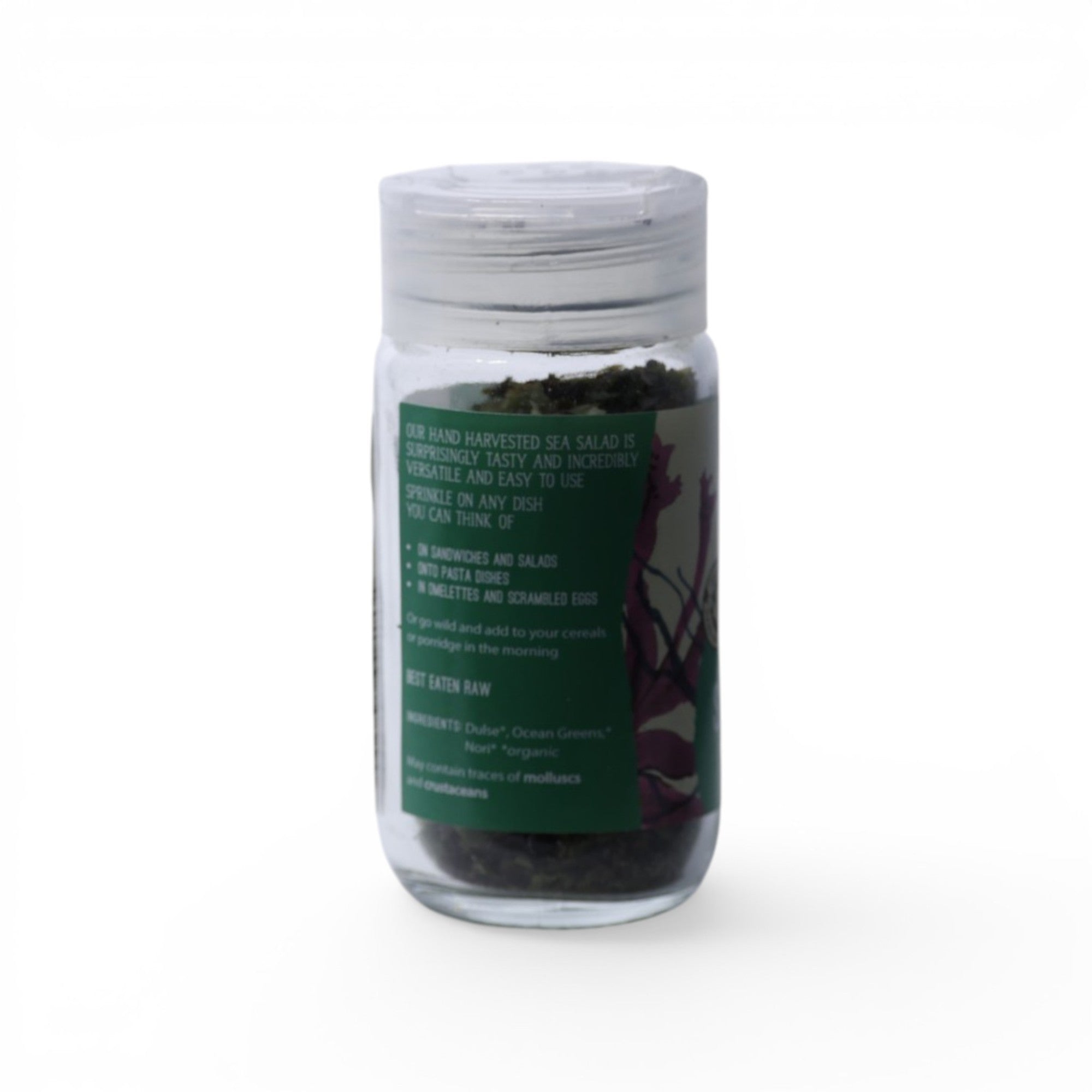 Made In England Organic Seaweed Flakes in a glass jar with a green label. Blend of Dulse, Ocean Greens, Nori.