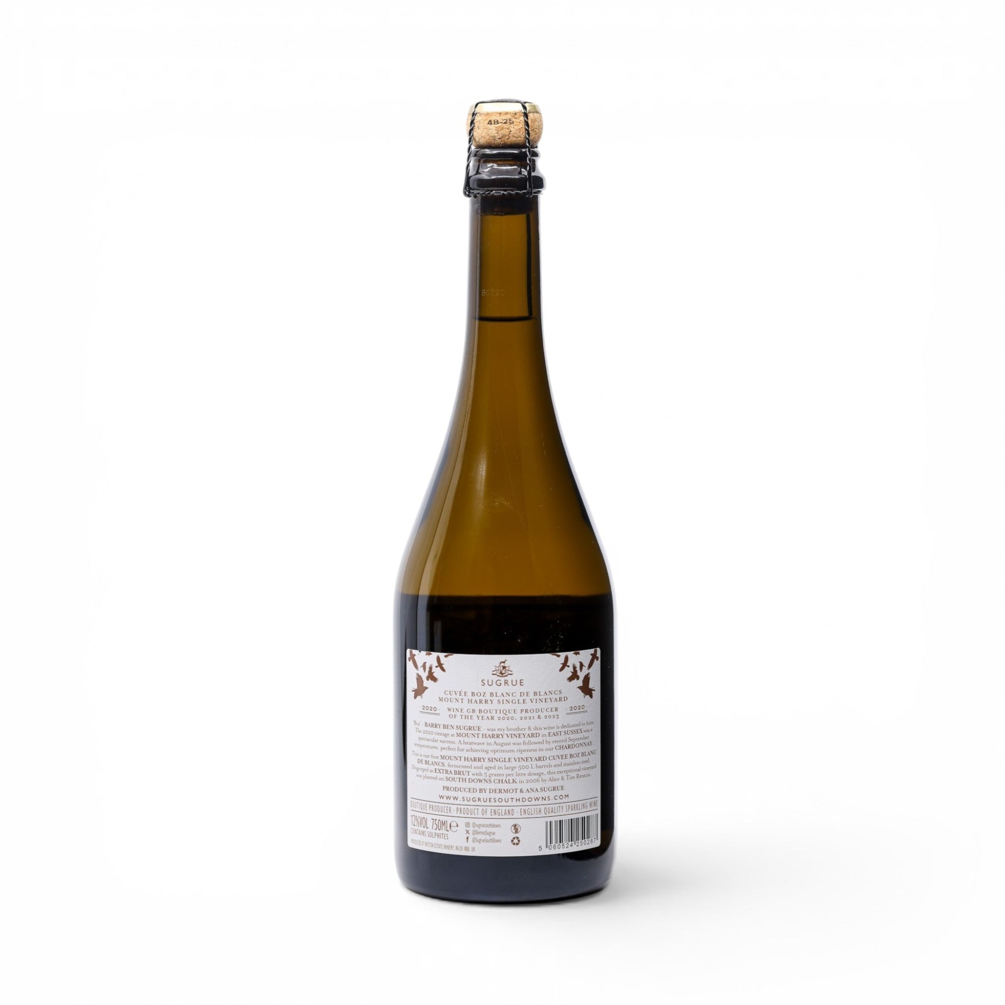 Made In England Sugrue South Downs Cuvée Blanc sparkling wine bottle. 100% Chardonnay, 750ml bottle with cork and wire cage.