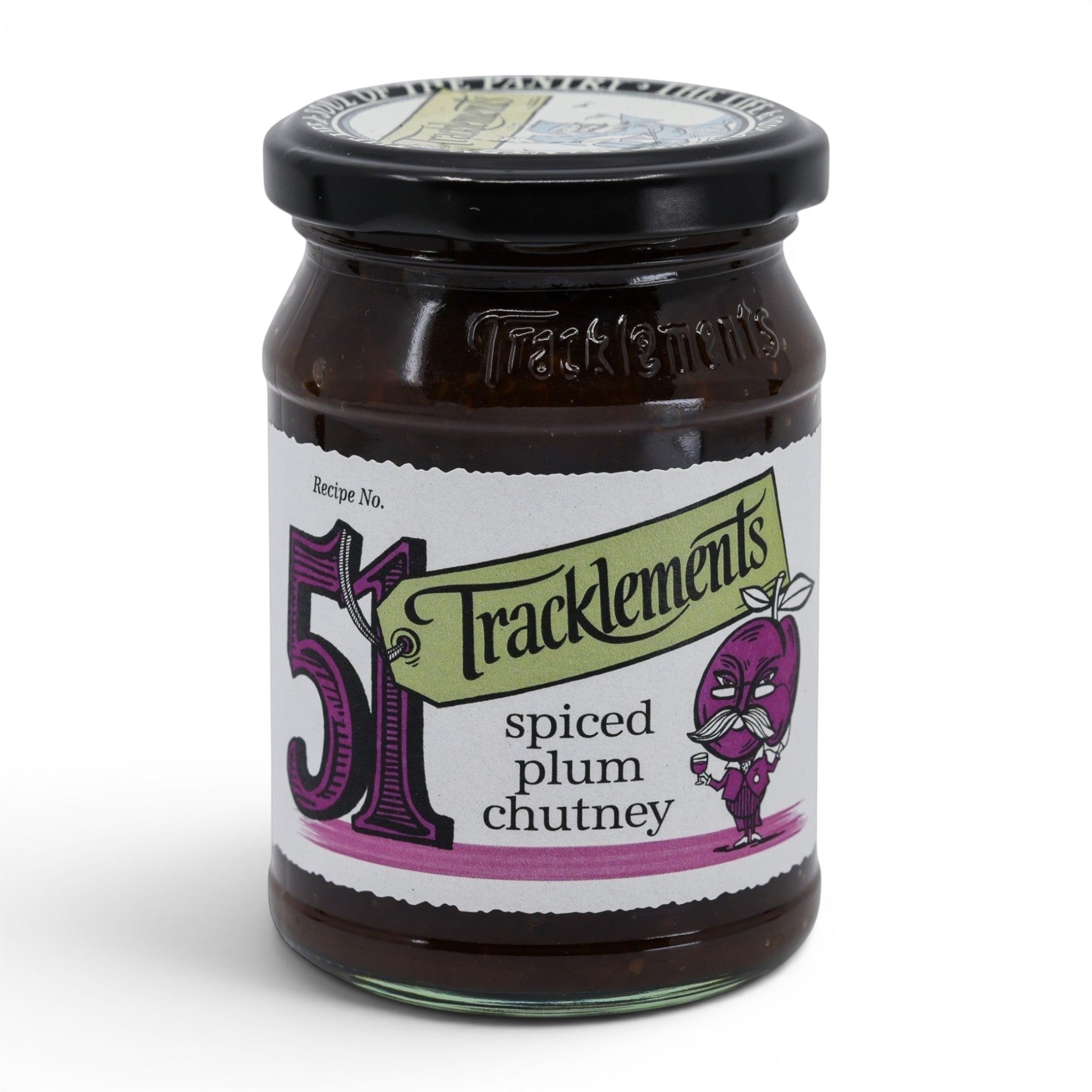 Made In England Tracklements Spiced Plum Chutney in a glass jar with a black lid. Features a cartoon plum character and recipe number 51.