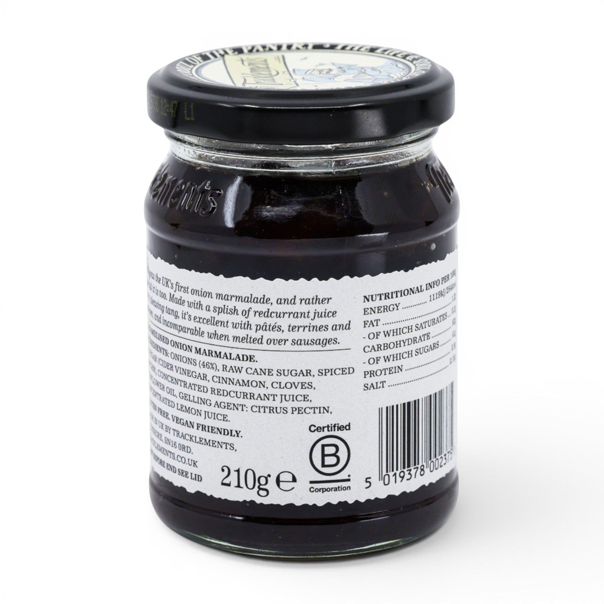 Made In England Spiced Plum Chutney in a glass jar with a black lid. Dark, rich chutney with visible fruit pieces.