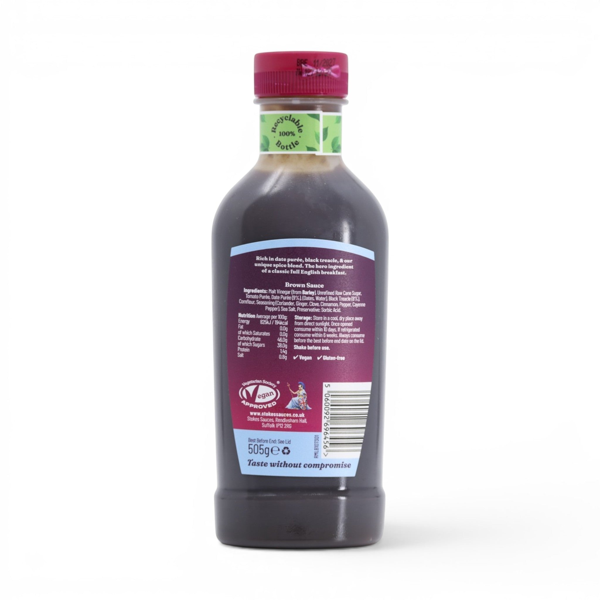 Made In England Stokes Brown Sauce in a 505g recyclable bottle showing ingredients and nutritional information.