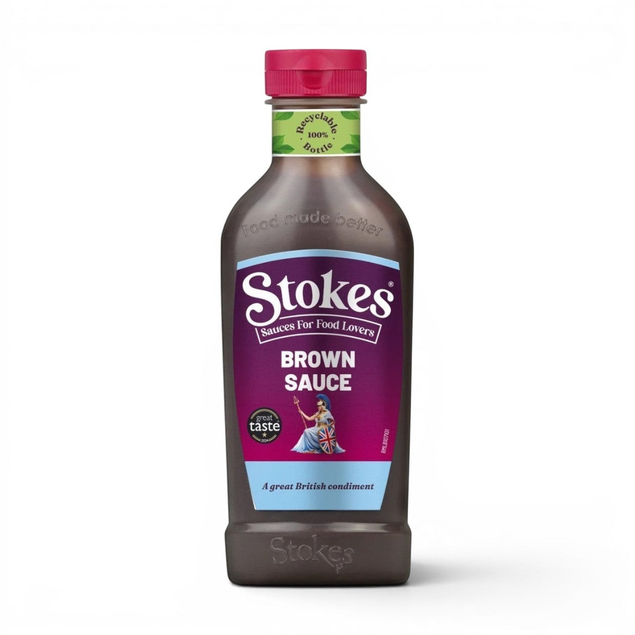 Made In England Stokes Brown Sauce in a recyclable bottle, a tangy and spiced British condiment for breakfast.