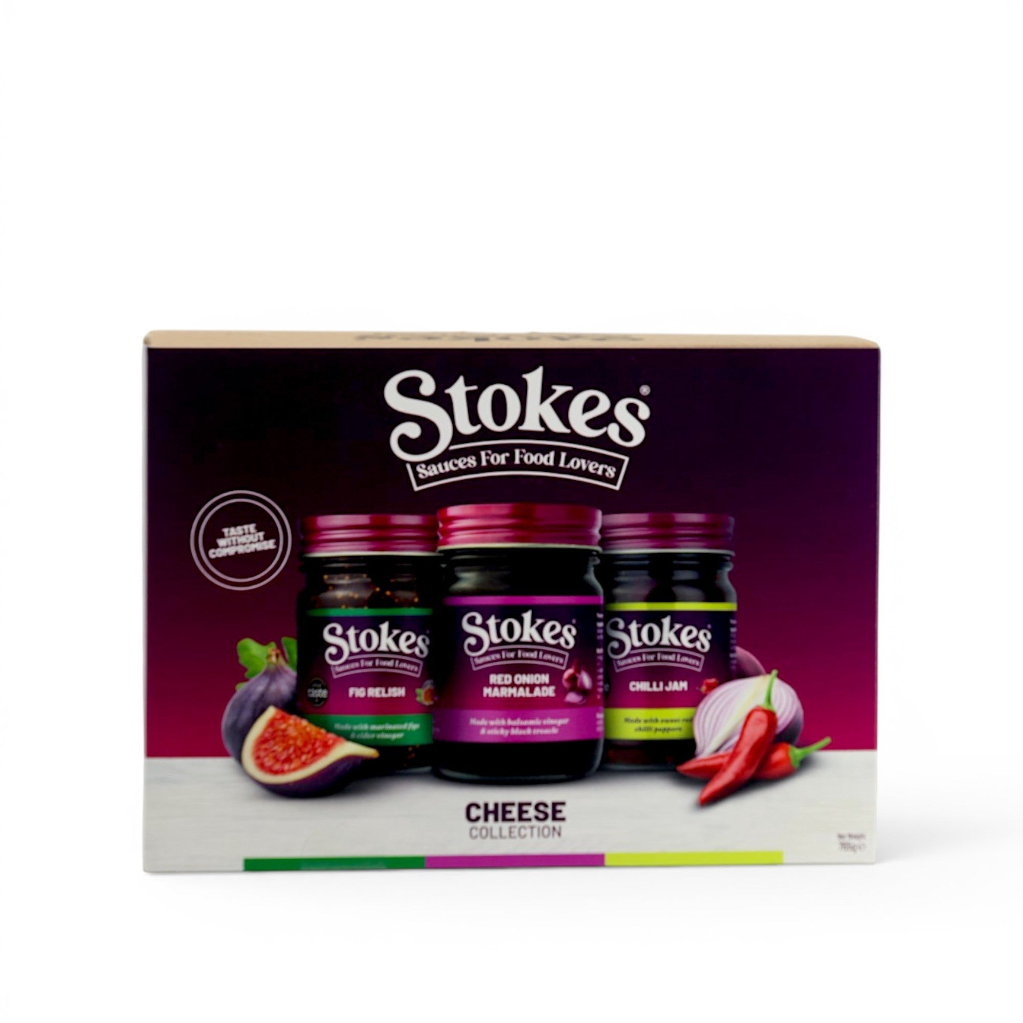 Made In England Stokes Cheese Collection gift set featuring fig relish, red onion marmalade, and chilli jam jars.