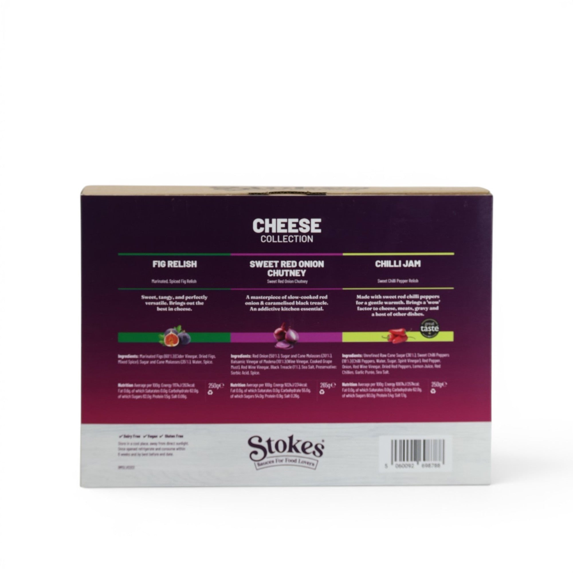 Made In England Stokes Cheese Collection gift set box featuring fig relish, red onion chutney, and chilli jam.