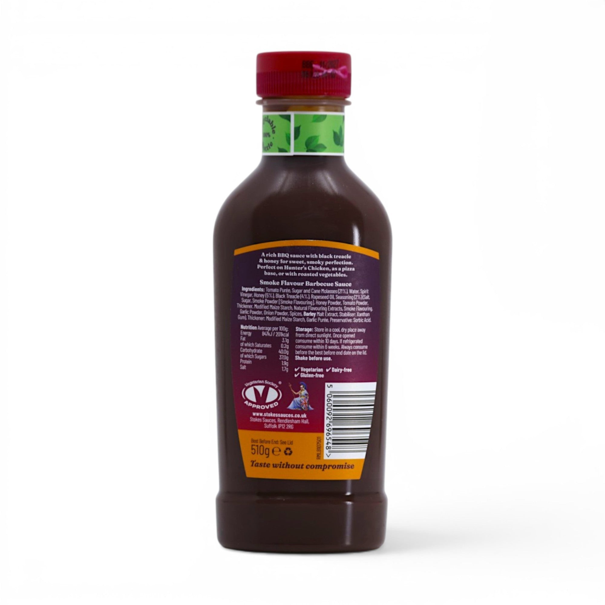 Made In England Stokes Original Barbecue Sauce bottle back label with ingredients and nutritional information.