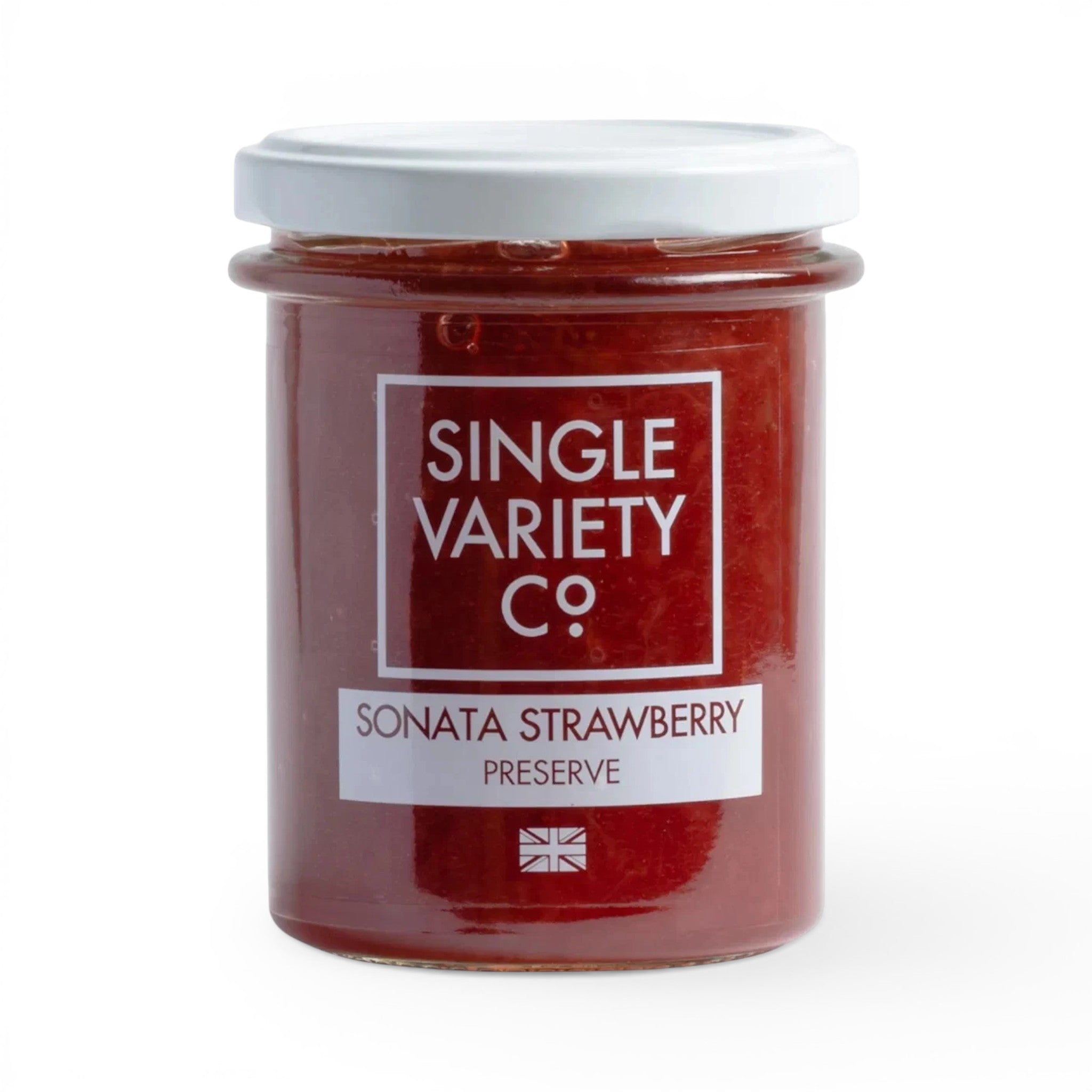 Made In England Single Variety Co. Sonata Strawberry Preserve, a rich red preserve with visible fruit pieces in a glass jar with a white lid.