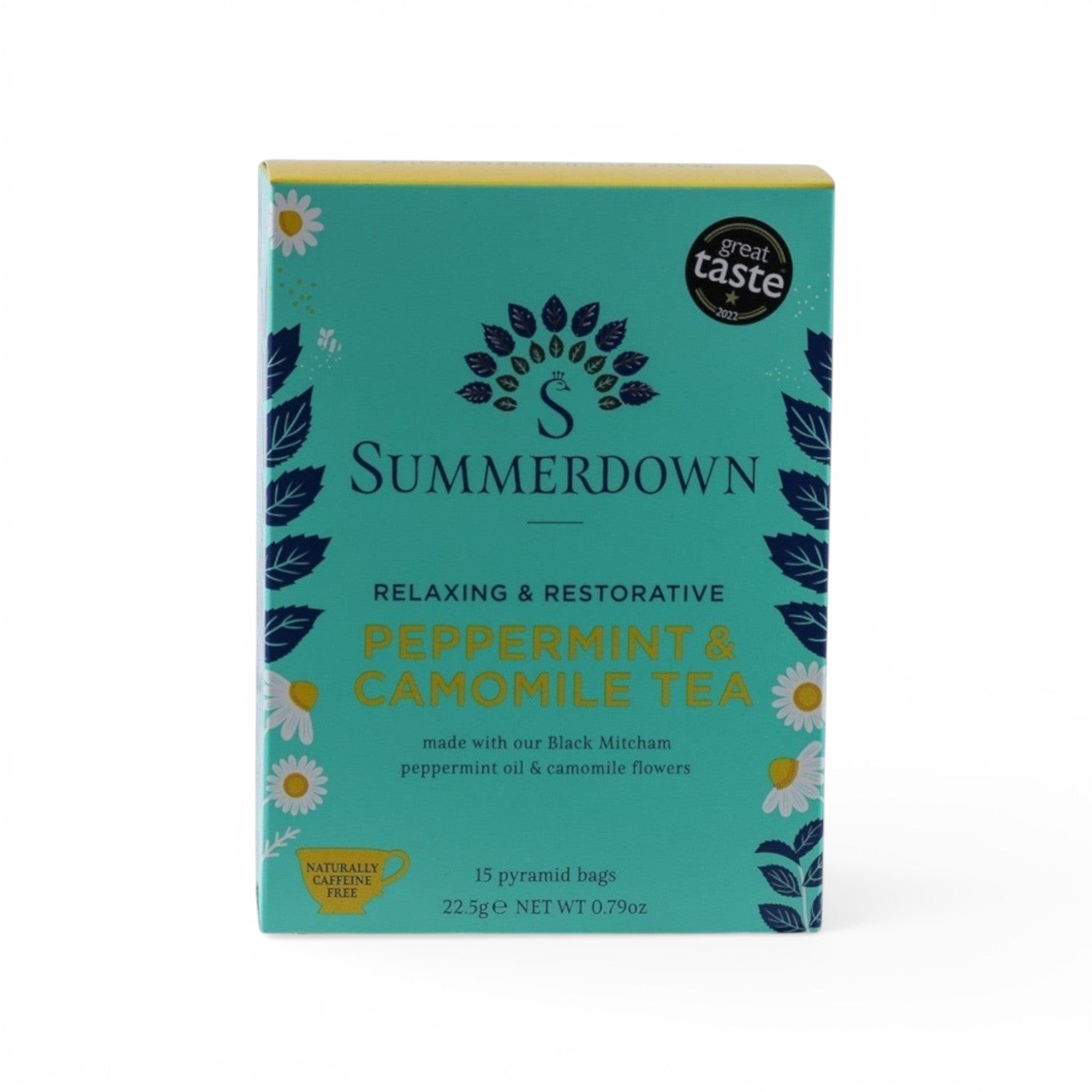 Made In England Summerdown Peppermint & Chamomile Tea box, 15 pyramid bags, caffeine-free, Great Taste Award winner.