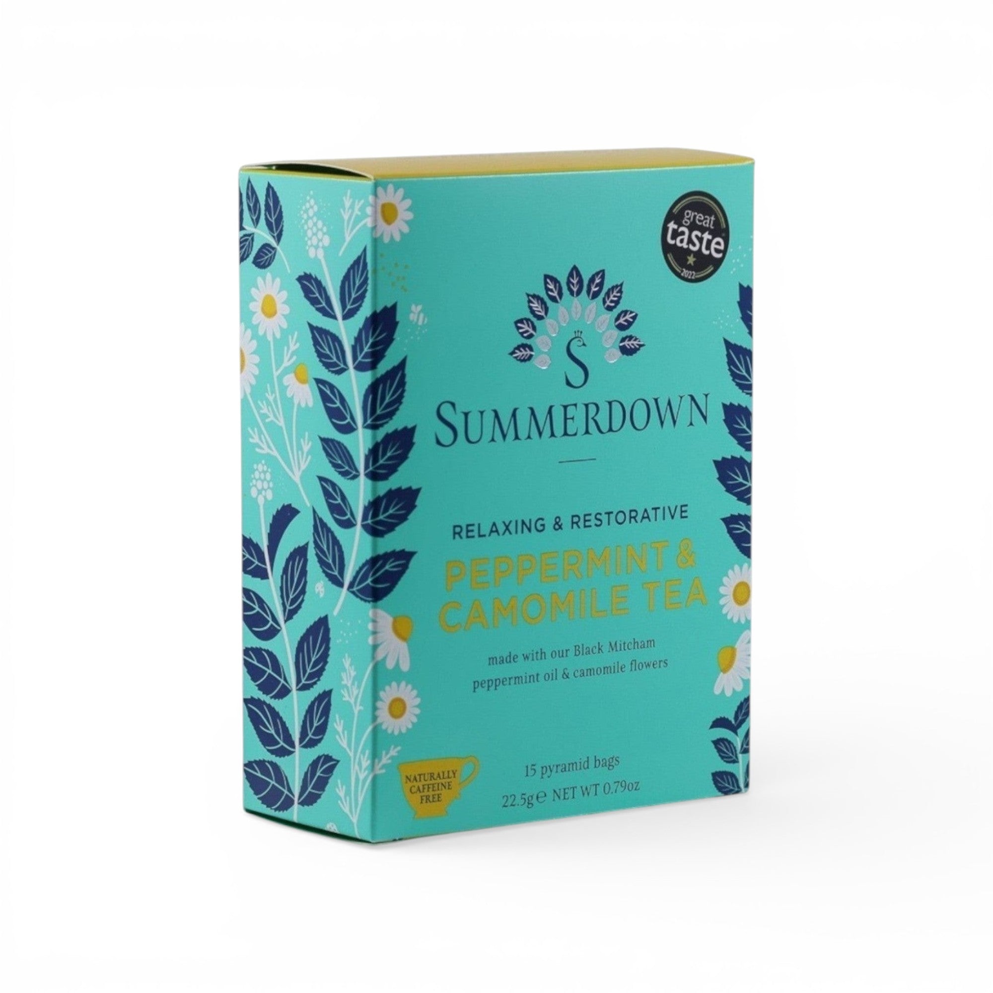 Made In England Summerdown Peppermint & Camomile Tea box with floral design, 15 pyramid bags, caffeine-free.