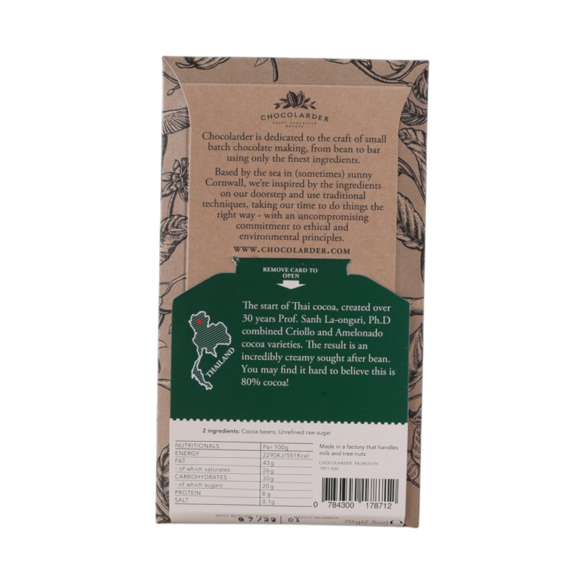 Made In England Chocolarder 80% single origin Thai cocoa bar, made with Criollo and Amelonado cocoa varieties. Creamy texture.