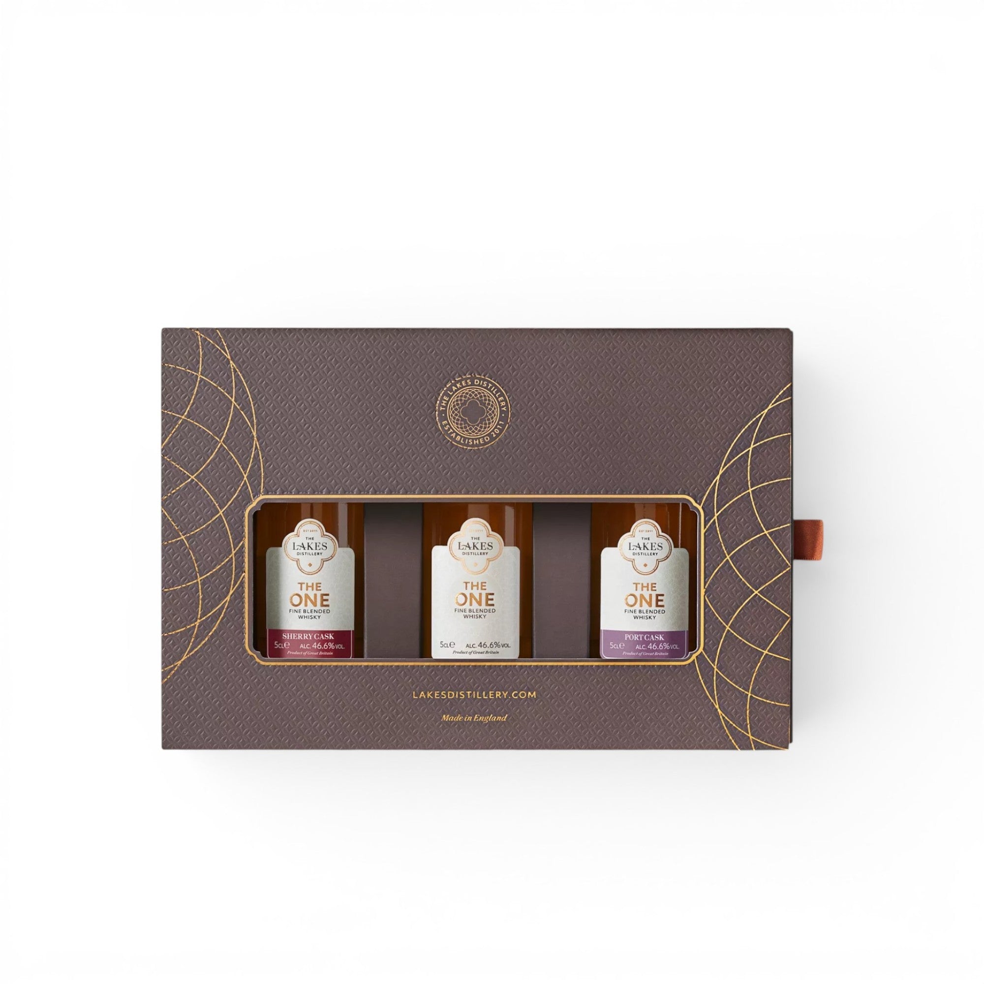 Made In England The ONE Blended Whisky Miniature Collection gift box with three 5cl bottles: Sherry Cask, a blended whisky, and Port Cask.