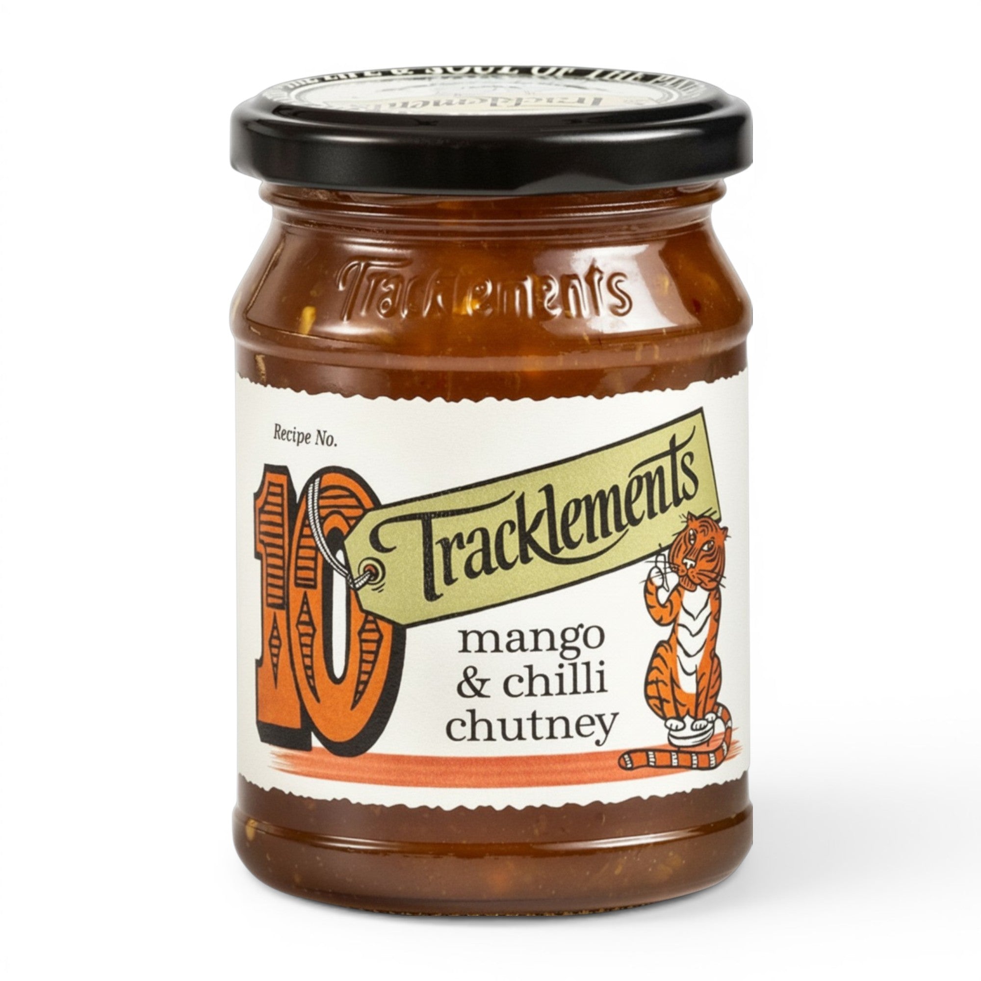 Made In England Tracklements Mango and Chilli Chutney in a glass jar with a tiger illustration and Great Taste award.