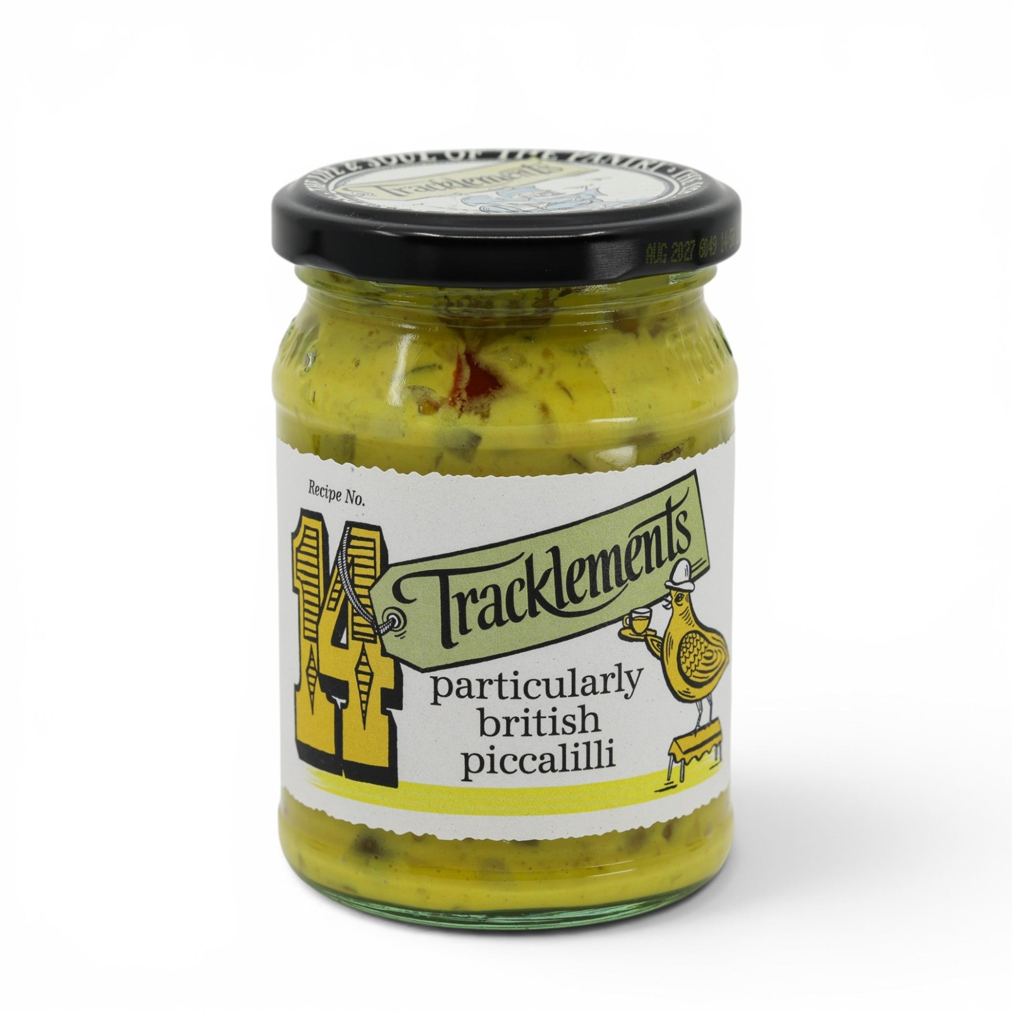 Made In England Tracklements Particularly British Piccalilli in a glass jar with a yellow chunky vegetable relish and a black lid.