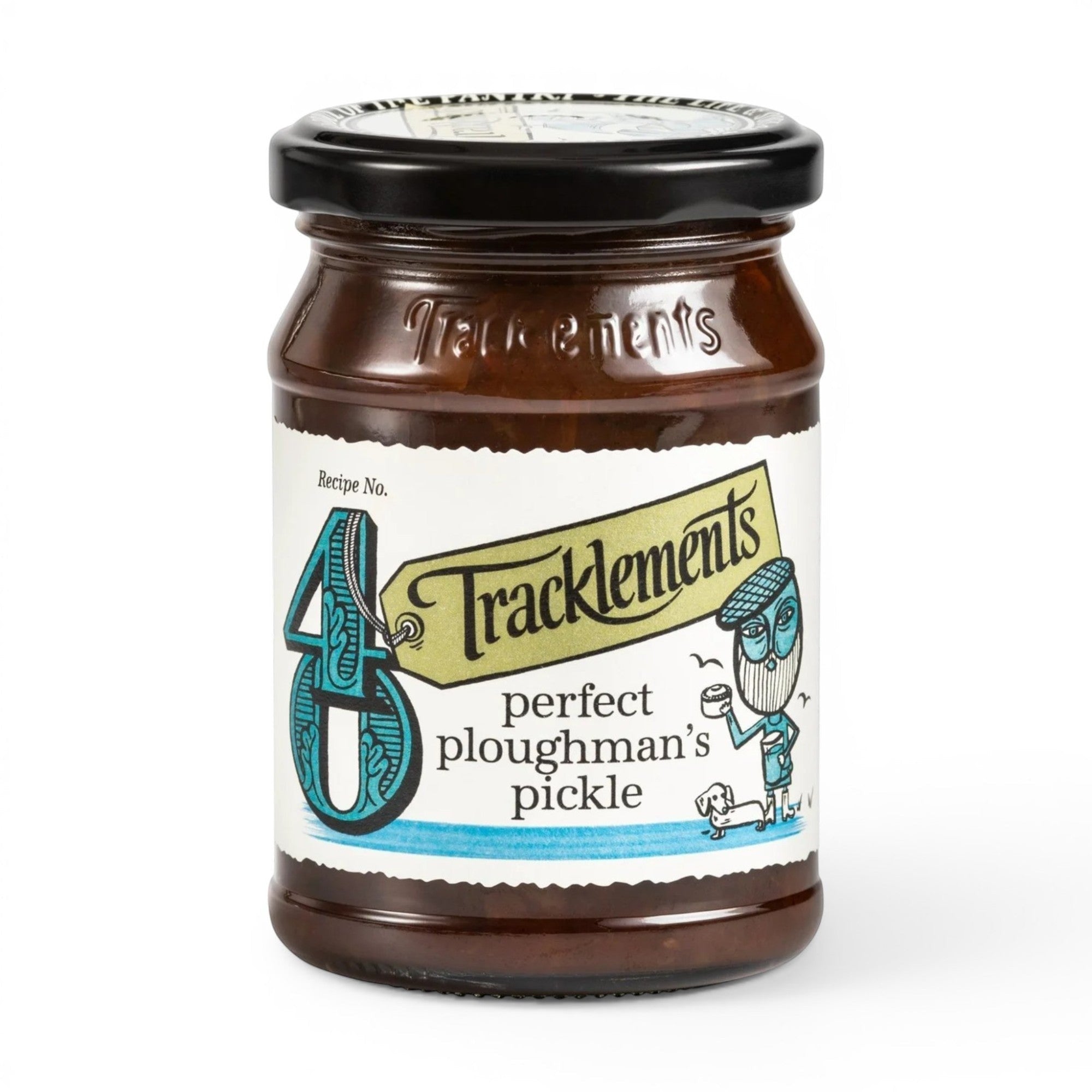 Made In England Tracklements Perfect Ploughman's Pickle in a glass jar with a black lid. Features a white label with cartoon illustration.