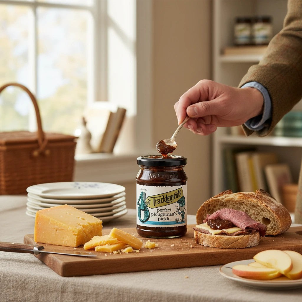 Made In England Tracklements Perfect Ploughman's Pickle jar with a spoon scooping out the dark, chunky pickle. Served with cheese and a sandwich.
