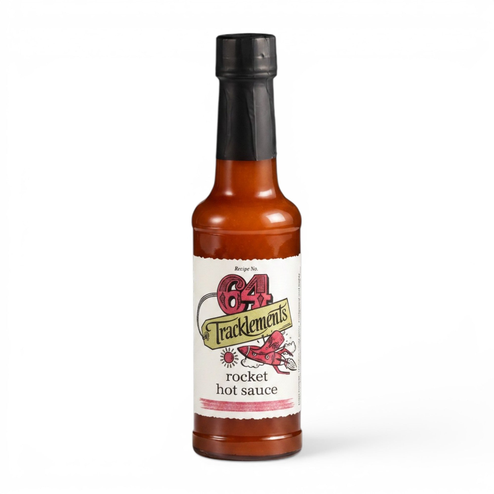 Made In England Tracklements Rocket Hot Sauce in a glass bottle with a vibrant red spicy pepper condiment.