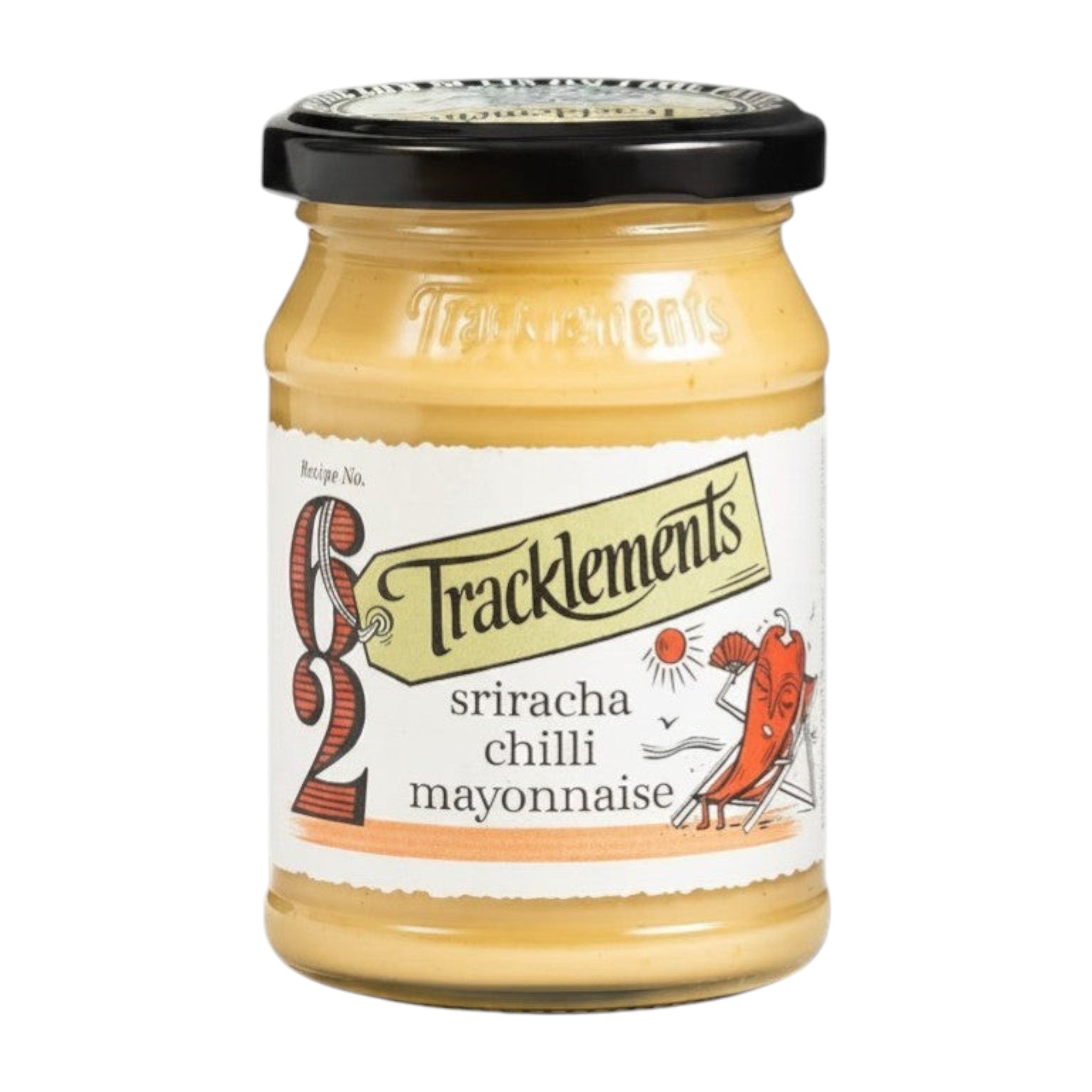 Made In England Tracklements Sriracha Chilli Mayonnaise in a glass jar with a black lid and illustrated label.