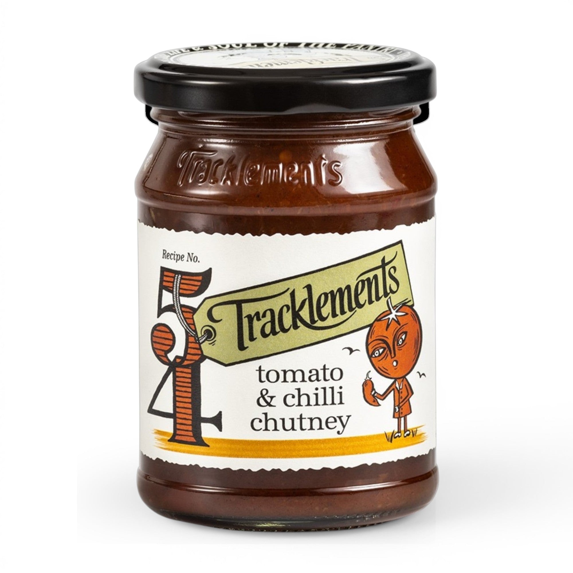 Made In England Tracklements Tomato and Chilli Chutney in a glass jar with a whimsical tomato character label
