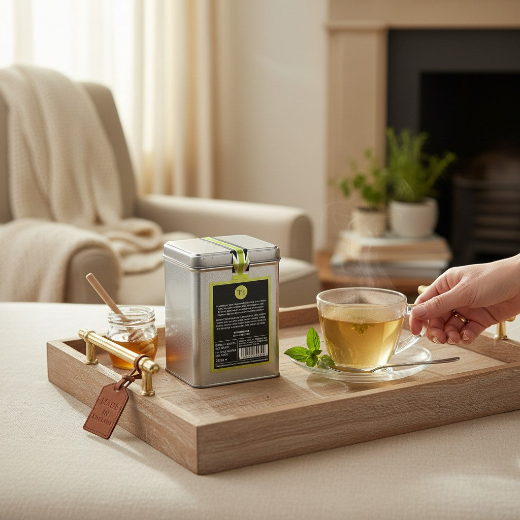 Made In England Tregothnan Lemon Verbena loose leaf tea in a silver tin with a cup of steaming tea and honey.