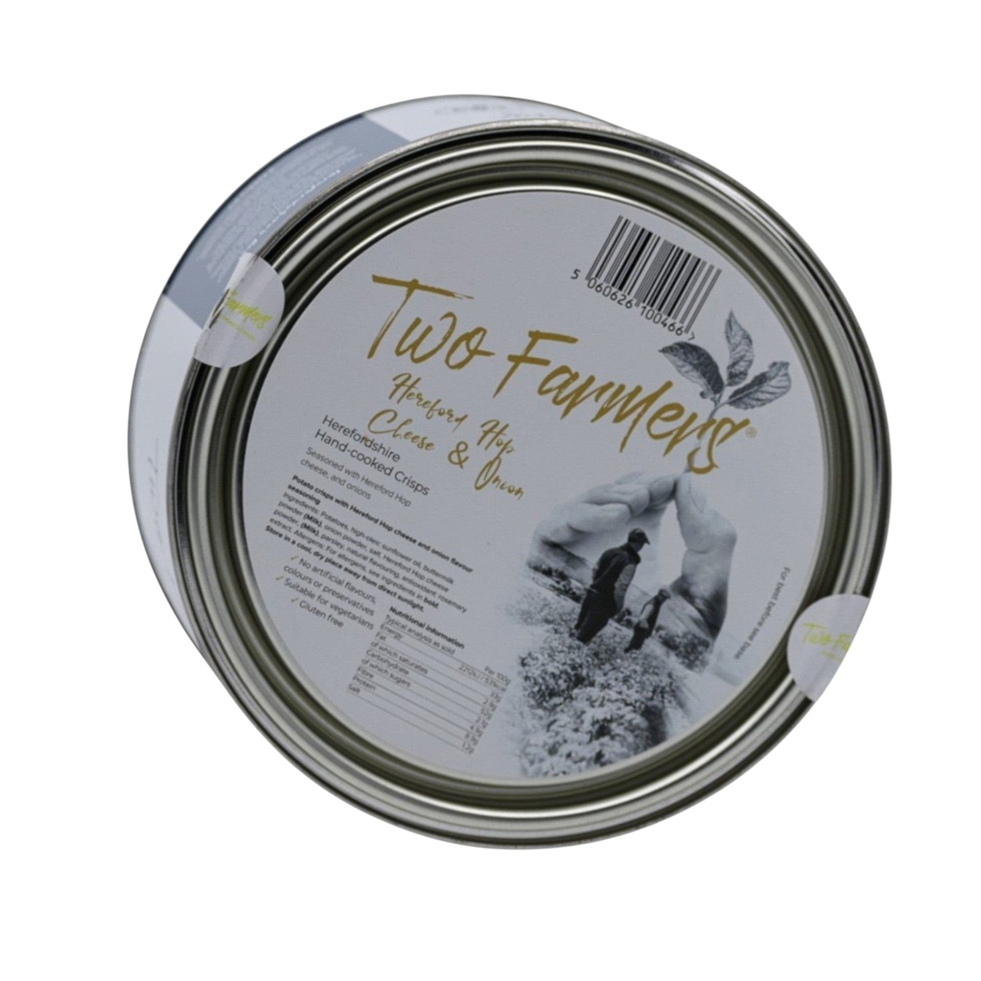 Made In England Two Farmers Hereford Hop Cheese & Onion hand-cooked crisps in a tin. Gluten-free and vegetarian.