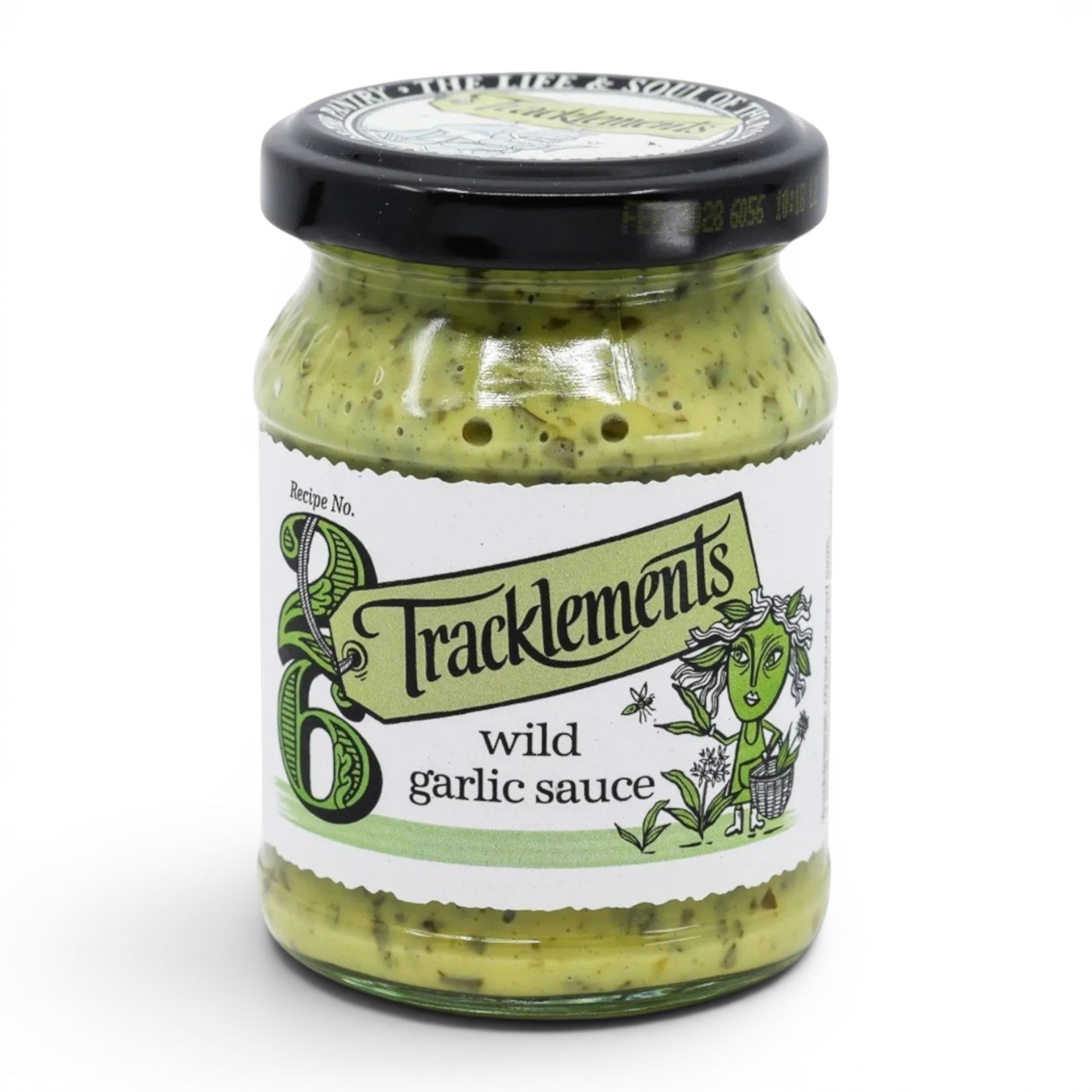 Made In England Wild Garlic Sauce in a glass jar with a black lid. The sauce is pale green with visible herbs and has a smooth texture.