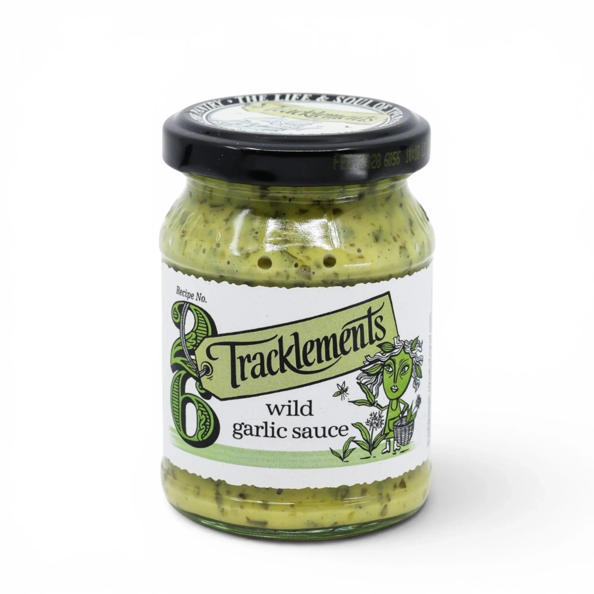 Made In England Wild Garlic Sauce in a glass jar with a black lid. The sauce is pale green with visible herbs and has a smooth texture.