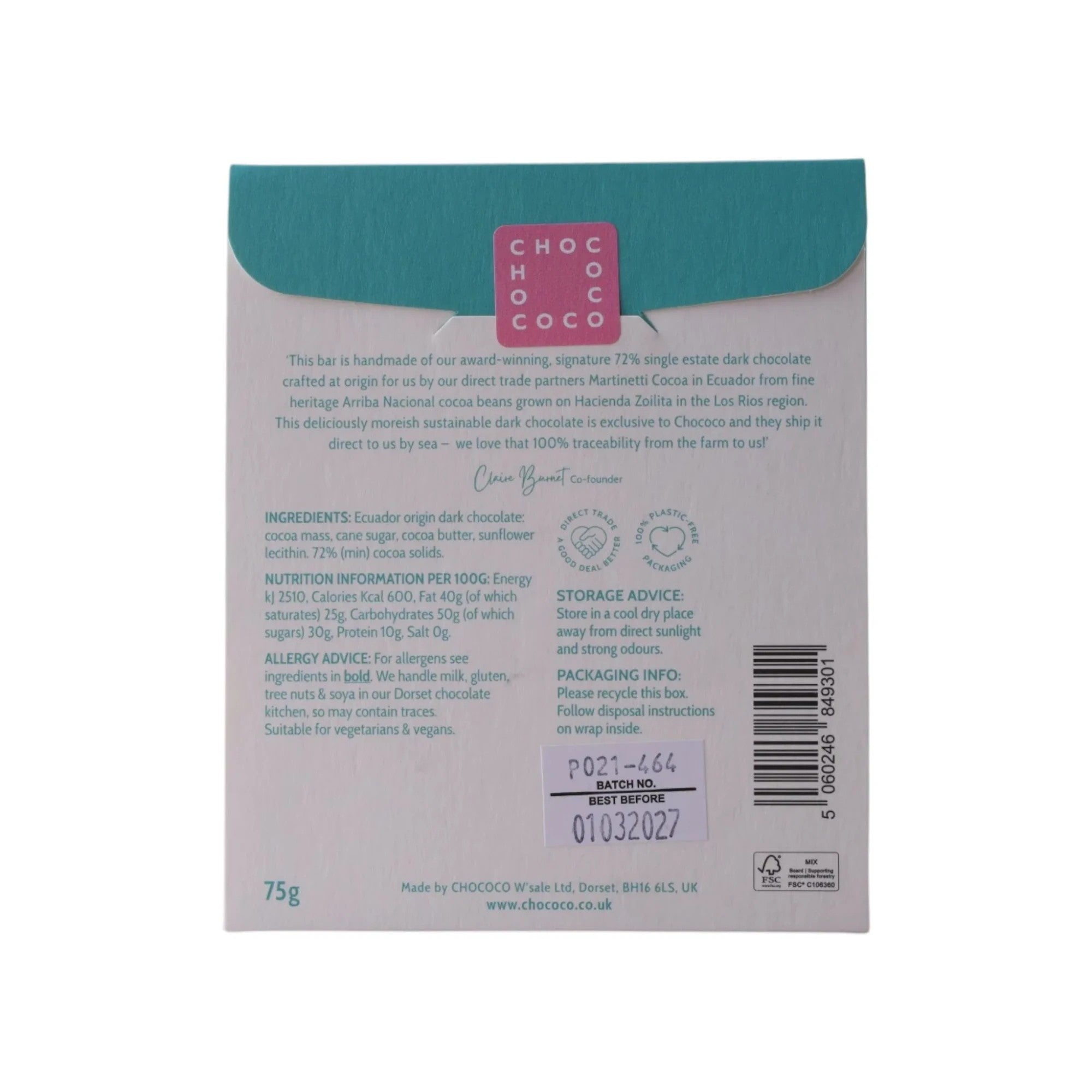 Made In England Chococo 72% Ecuador Origin Dark Chocolate bar with purple fruit notes, vegan-friendly and ethically sourced.