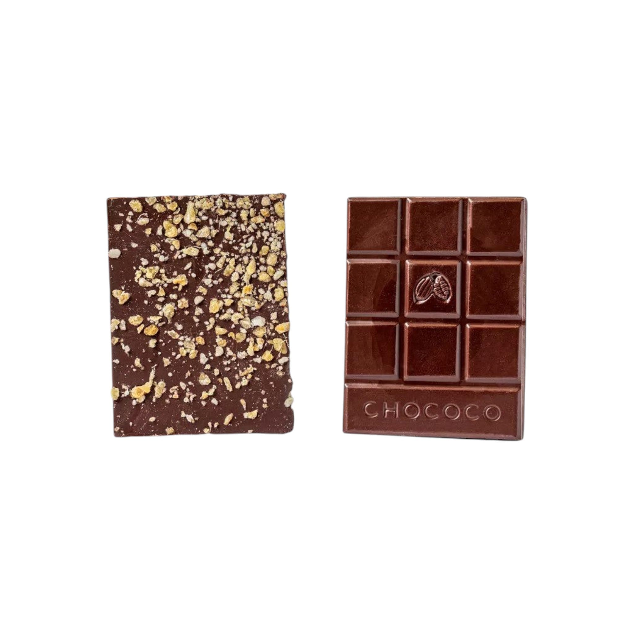 Made In England Chococo Glorious Ginger 72% dark chocolate bar with crystallised ginger pieces.
