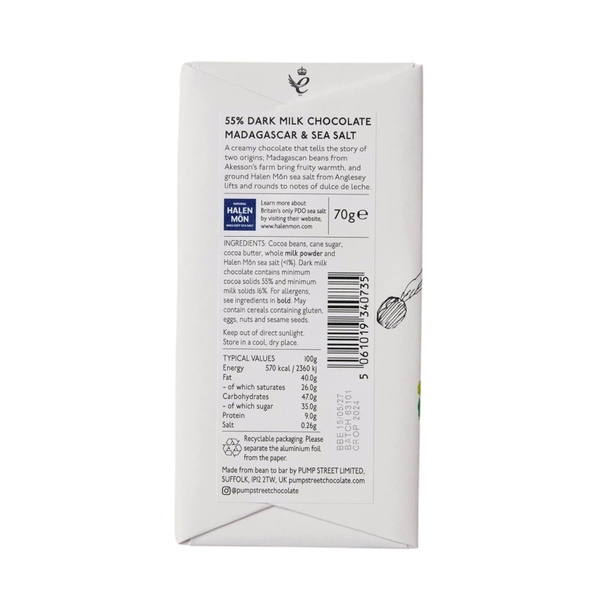 Made In England 55% Dark Milk Chocolate Madagascar & Sea Salt bar with fruity, creamy, and nutty notes. 70g.