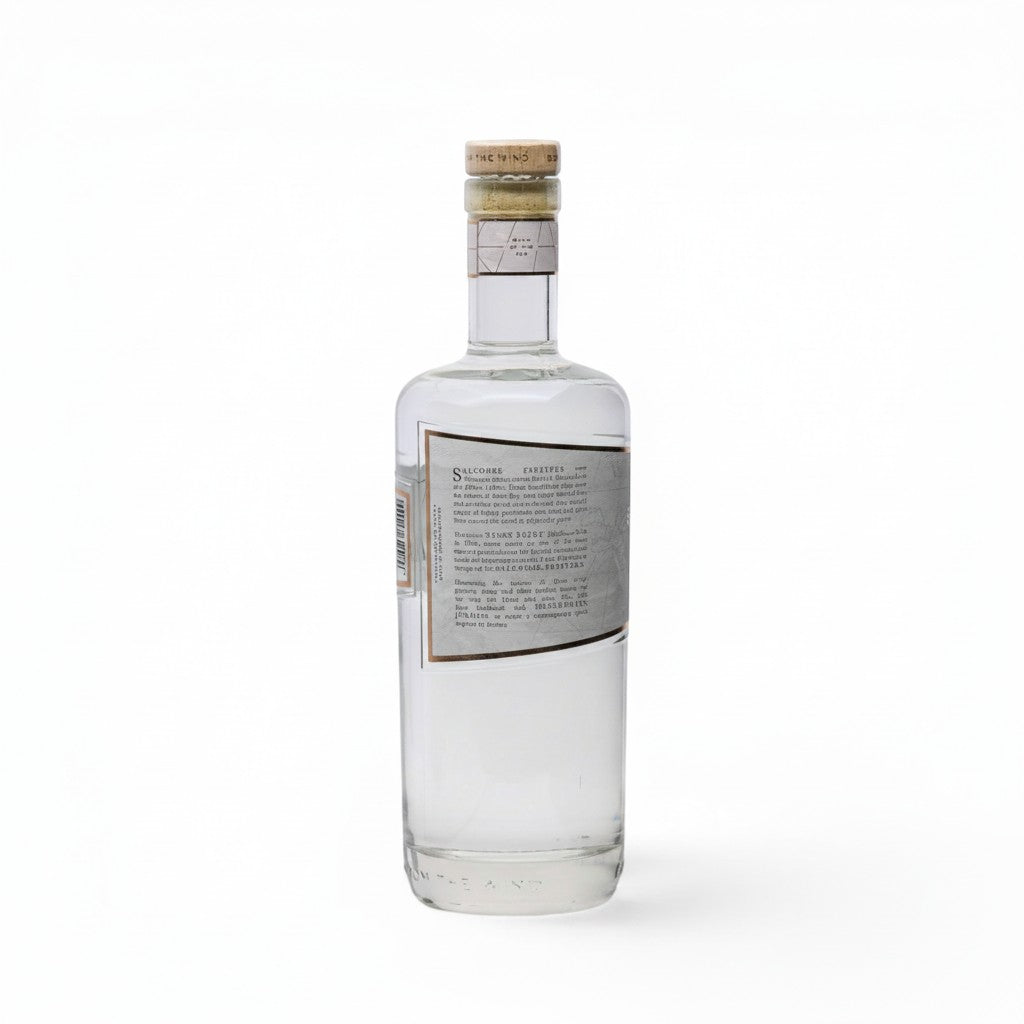 Made In England Salcombe Gin Start Point London Dry clear glass bottle with cork stopper and grey label detailing.