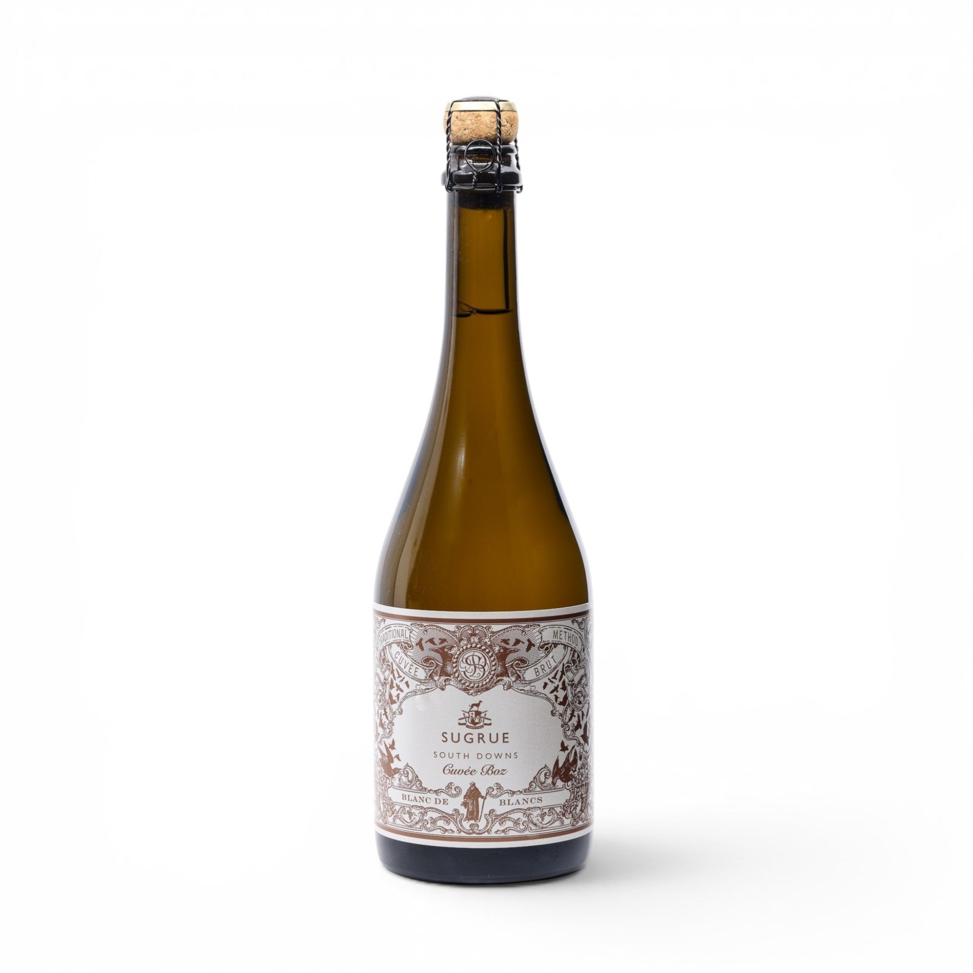 Made In England Sugrue South Downs Cuvée Blanc de Blancs sparkling wine in a 750ml bottle with cork and wire cage.