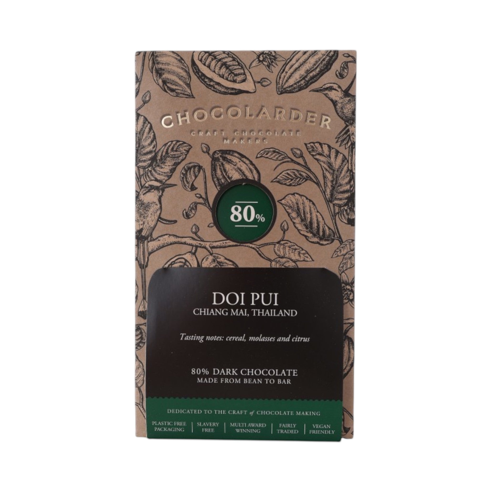 Made In England 80% Doi Pui dark chocolate bar from Thailand, featuring cocoa pods and birds on kraft paper packaging.