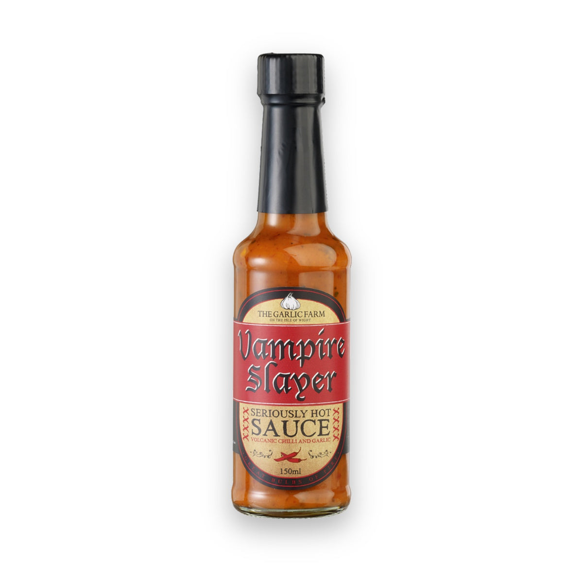 The Garlic Farm Vampire Slayer Seriously Hot Chilli Sauce bottle, front label