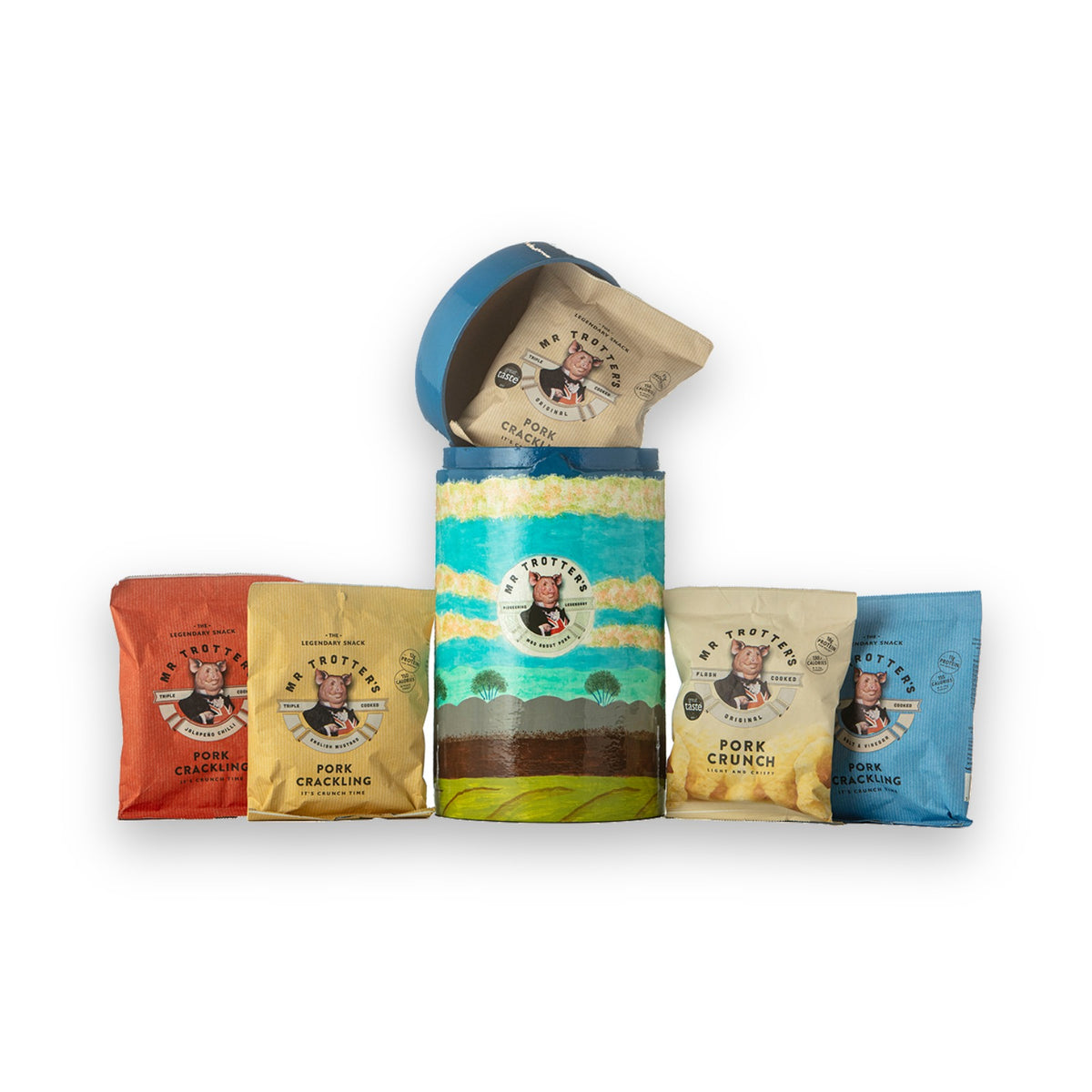 Mr Trotter's Crackling Selection Gift Canister with bags of pork crackling and pork crunch