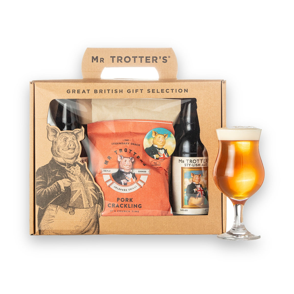 Mr Trotter's Crackling & Ale Gift Box with two bottles of Chestnut Ale and two bags of pork crackling