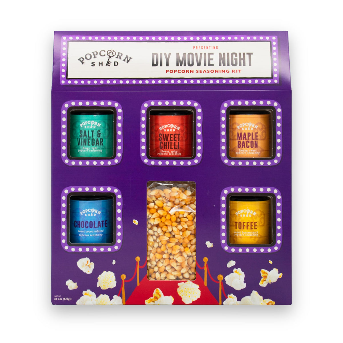 Popcorn Shed DIY Movie Night Popcorn Seasoning Kit box with kernels and five seasonings