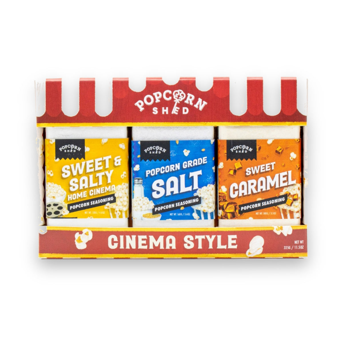 Popcorn Shed Cinema Style Popcorn Seasoning Shakers set of three: Sweet & Salty, Popcorn Grade Salt and Sweet Caramel