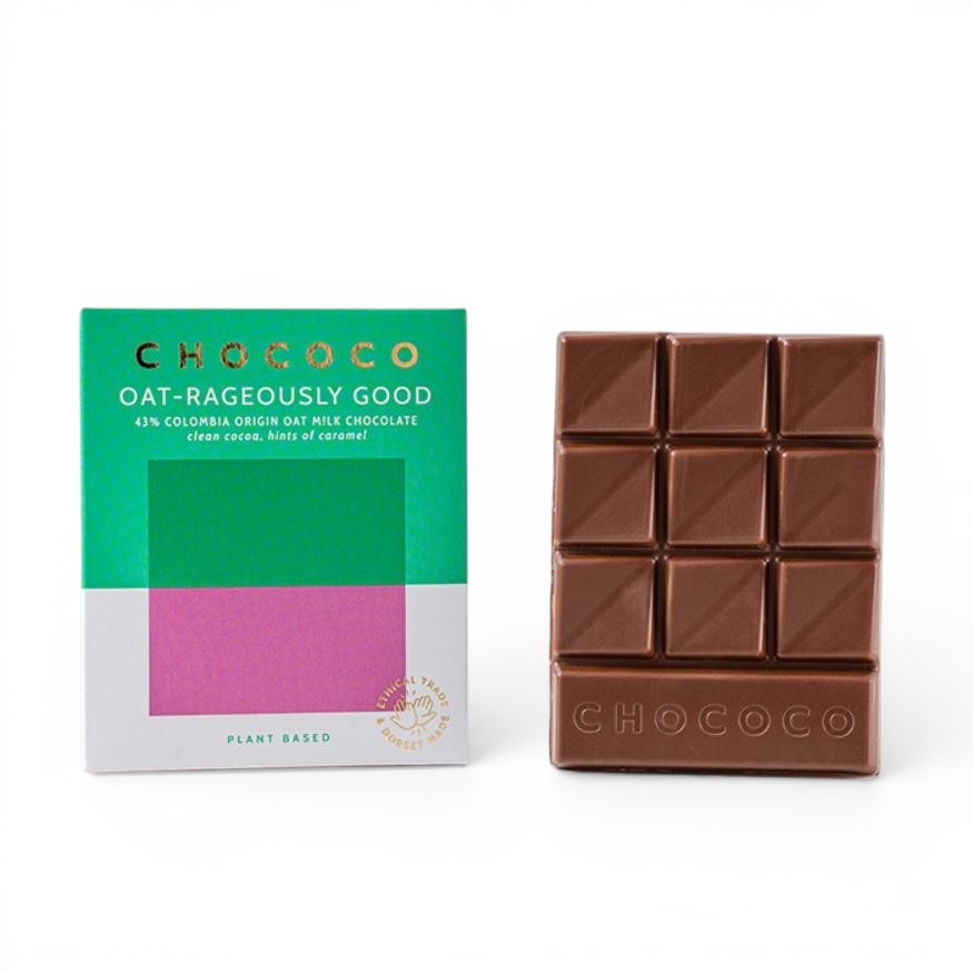 Chococo Oat-rageously Good 43% oat milk chocolate bar, vegan friendly, made in Dorset