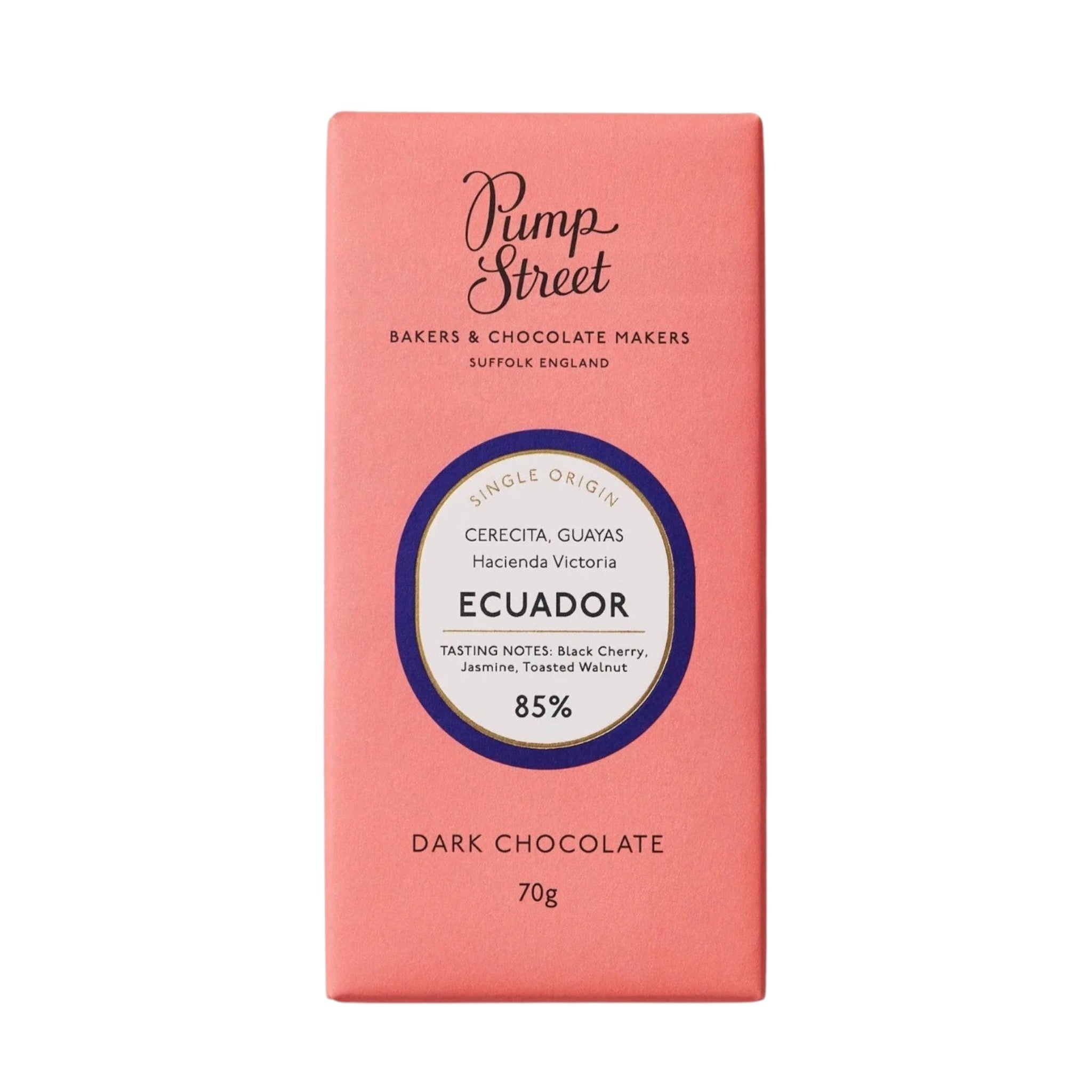 Pump Street Ecuador Hacienda Victoria 85% dark chocolate bar with tasting notes of black cherry, jasmine, and toasted walnut.