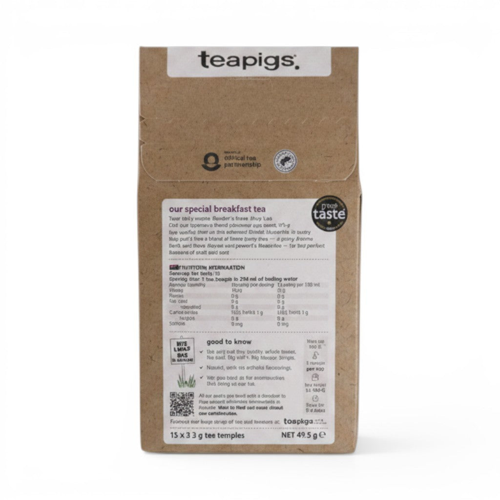 Teapigs English Breakfast tea temples, a blend of Assam, Ceylon, and Rwandan black teas for a robust morning cup.