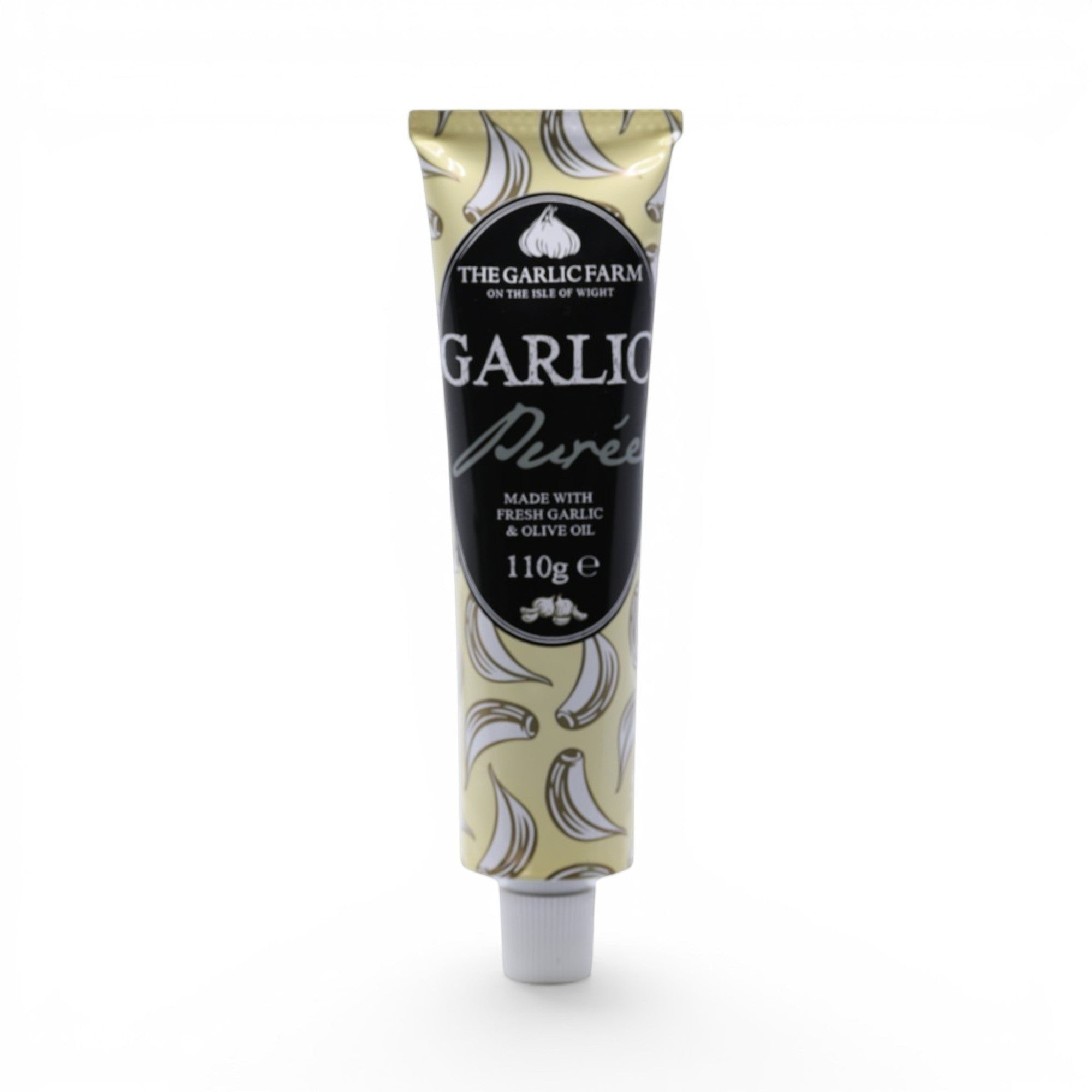 The Garlic Farm Garlic Purée in a 110g tube, made with fresh garlic and olive oil. Features a yellow background with garlic illustrations.