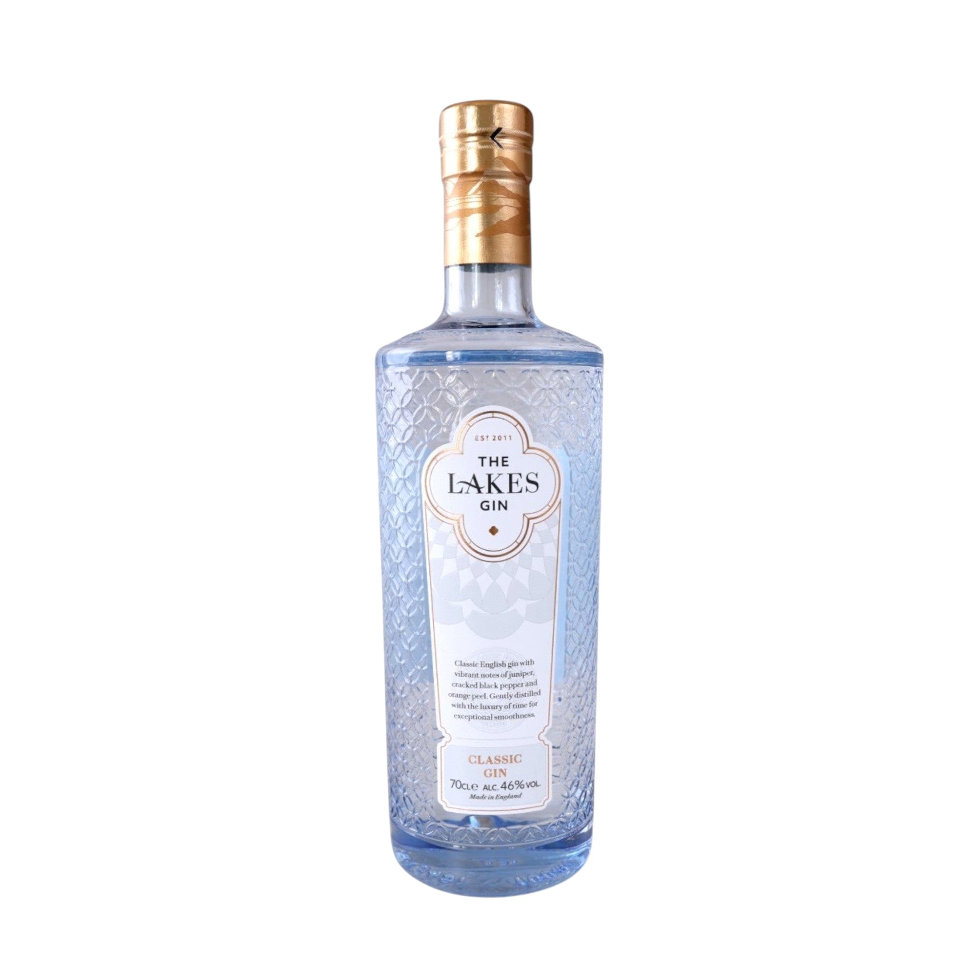 Made In England The Lakes Gin Classic, clear gin in a textured blue bottle with gold cap. Notes of juniper and black pepper.