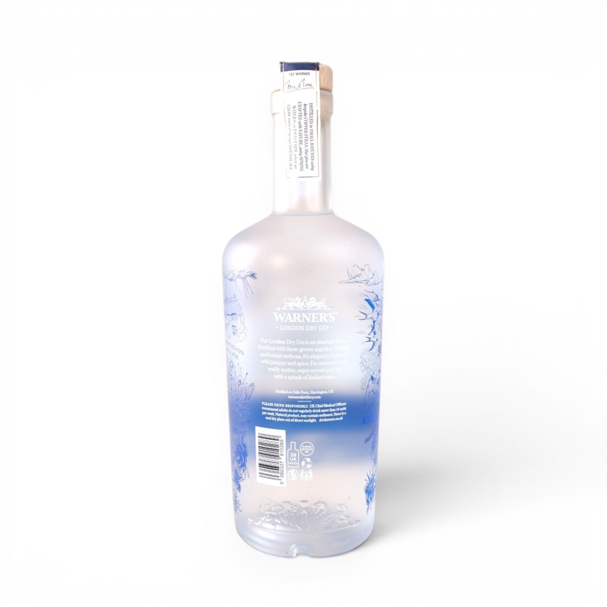 Made In England Warner's London Dry Gin bottle with blue botanical illustrations and clear liquid. Traditional distilling heritage.